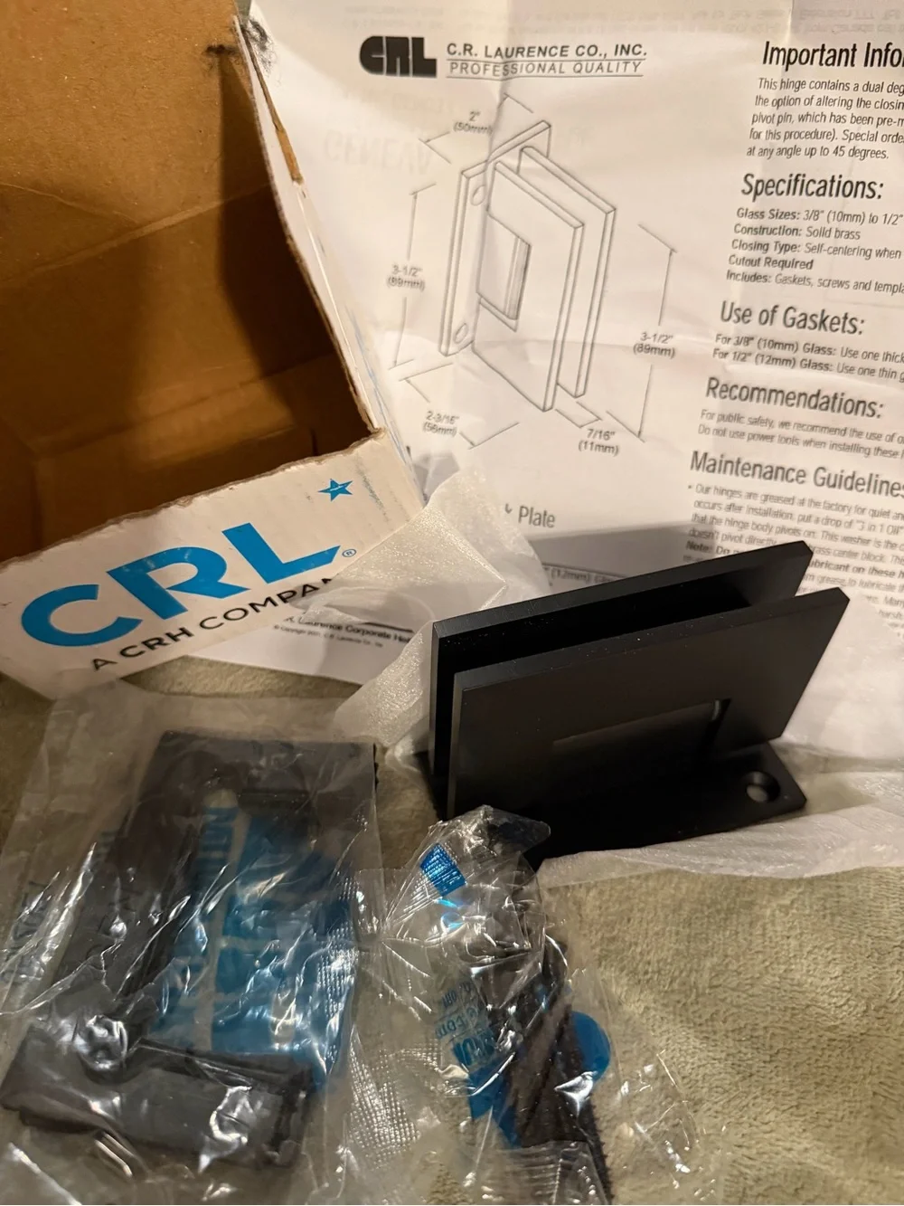 CR Laurence Geneva Series Wall-Mount Shower Door Hinge Matte Black